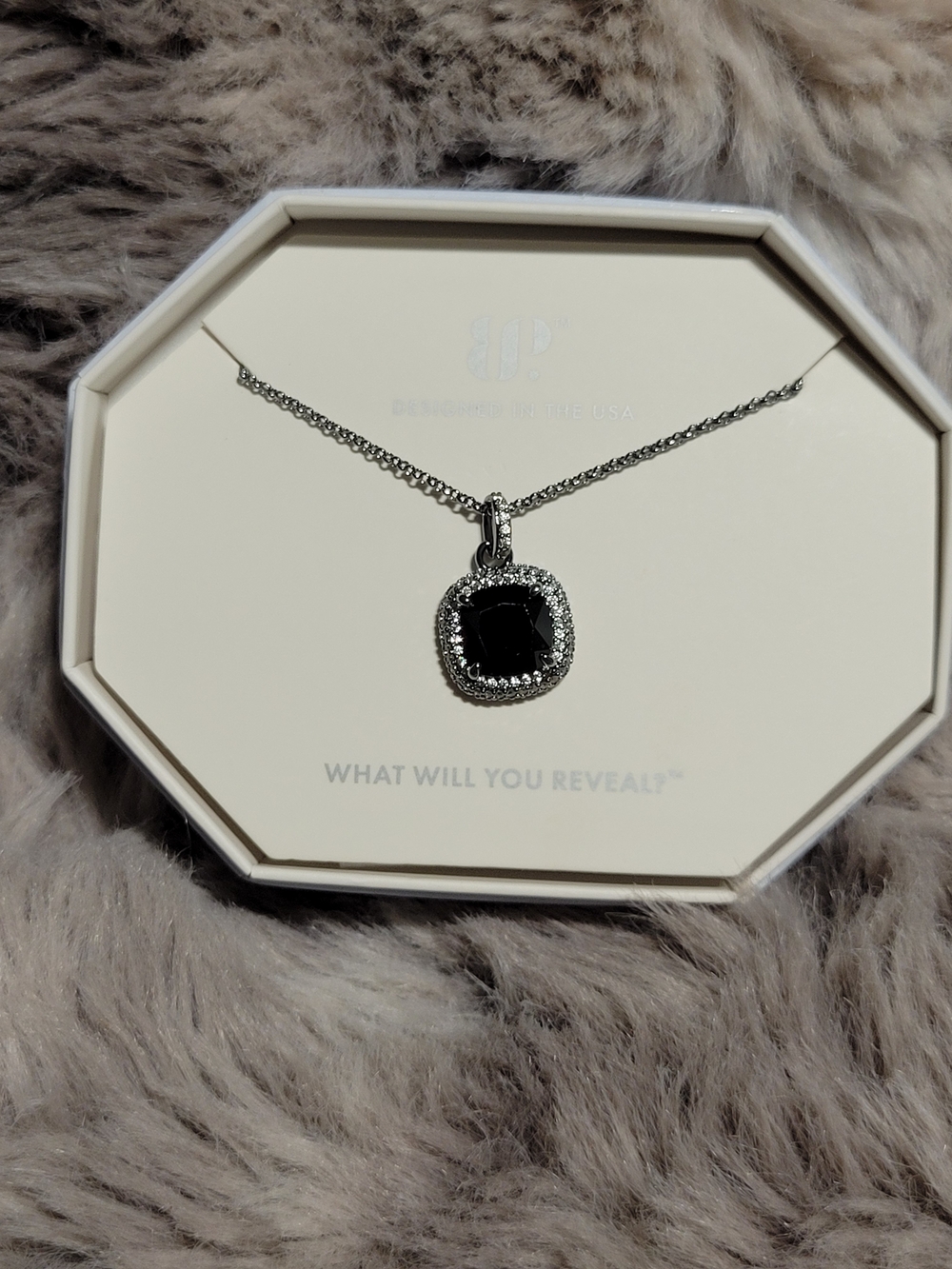 Black Crystal Halo Pendant Necklace in Silver Tone